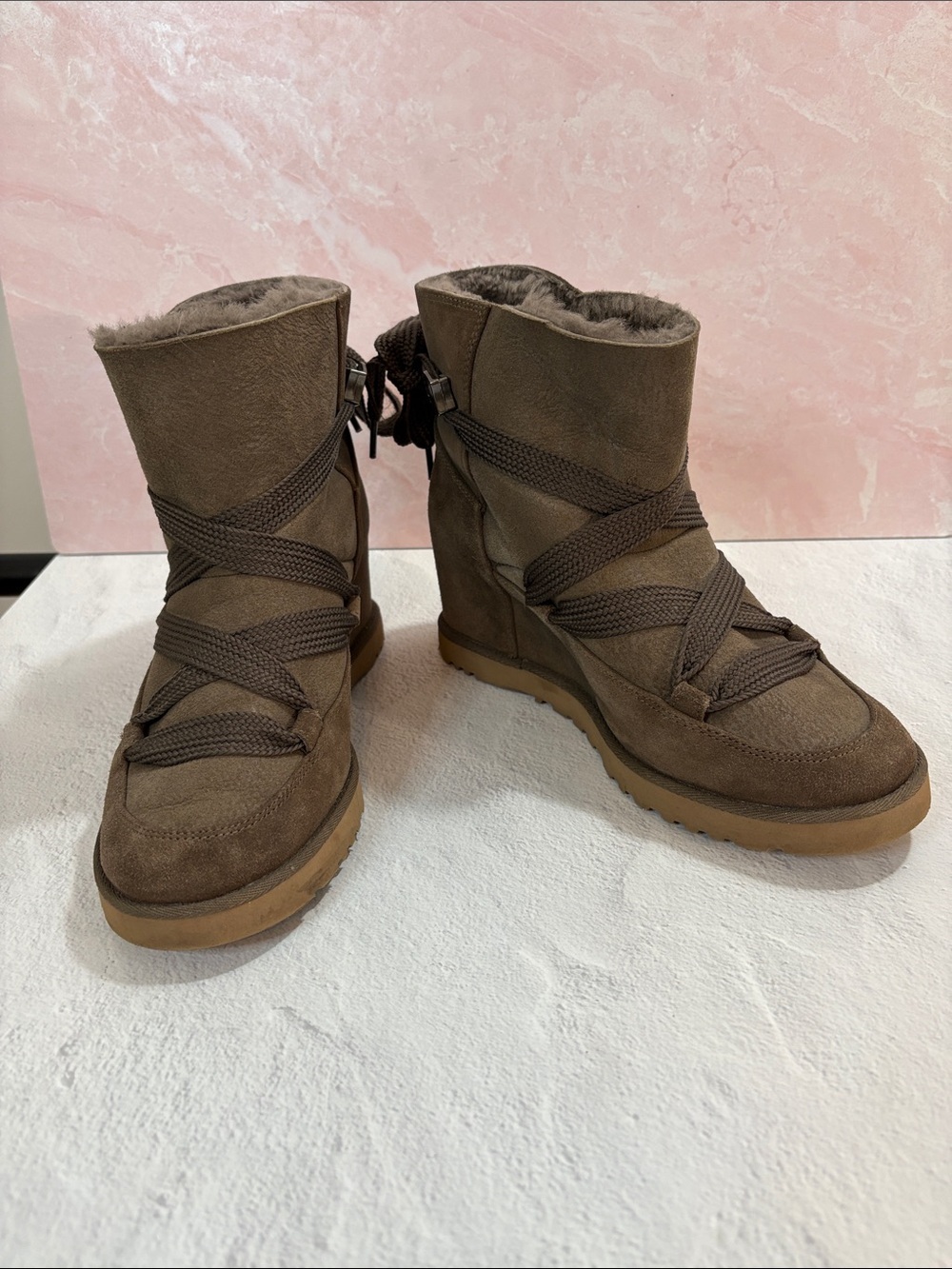 UGG Brown Suede Wedge Ankle Boots with Wrap Laces